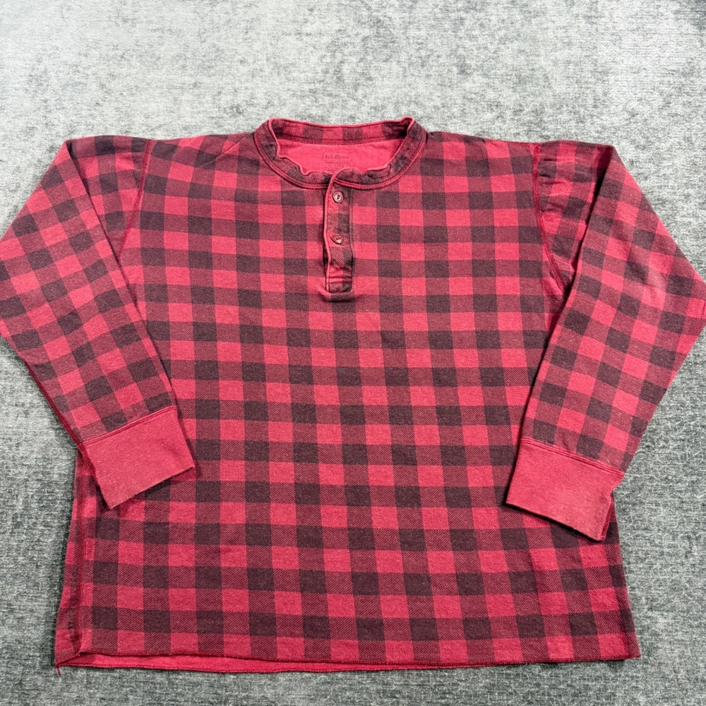 LL Bean Buffalo Plaid Henley Shirt Mens XL Tall Red Black Long Sleeve Top